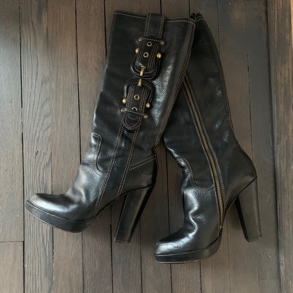 Frye Shoes - Frye Heidi Black Buckle Leather Zip Heeled Boots